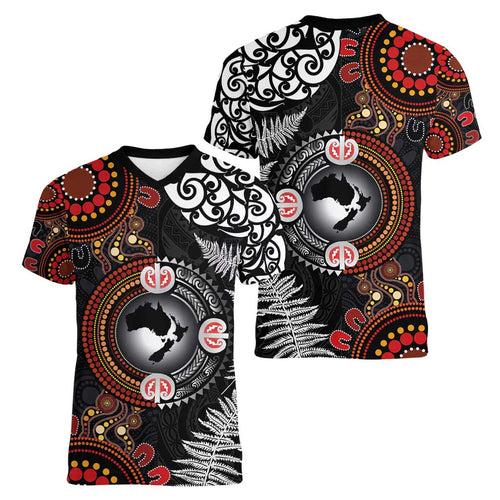 Australia and New Zealand Together Women V-Neck T-Shirt Aboriginal and Maori Art Tattoo