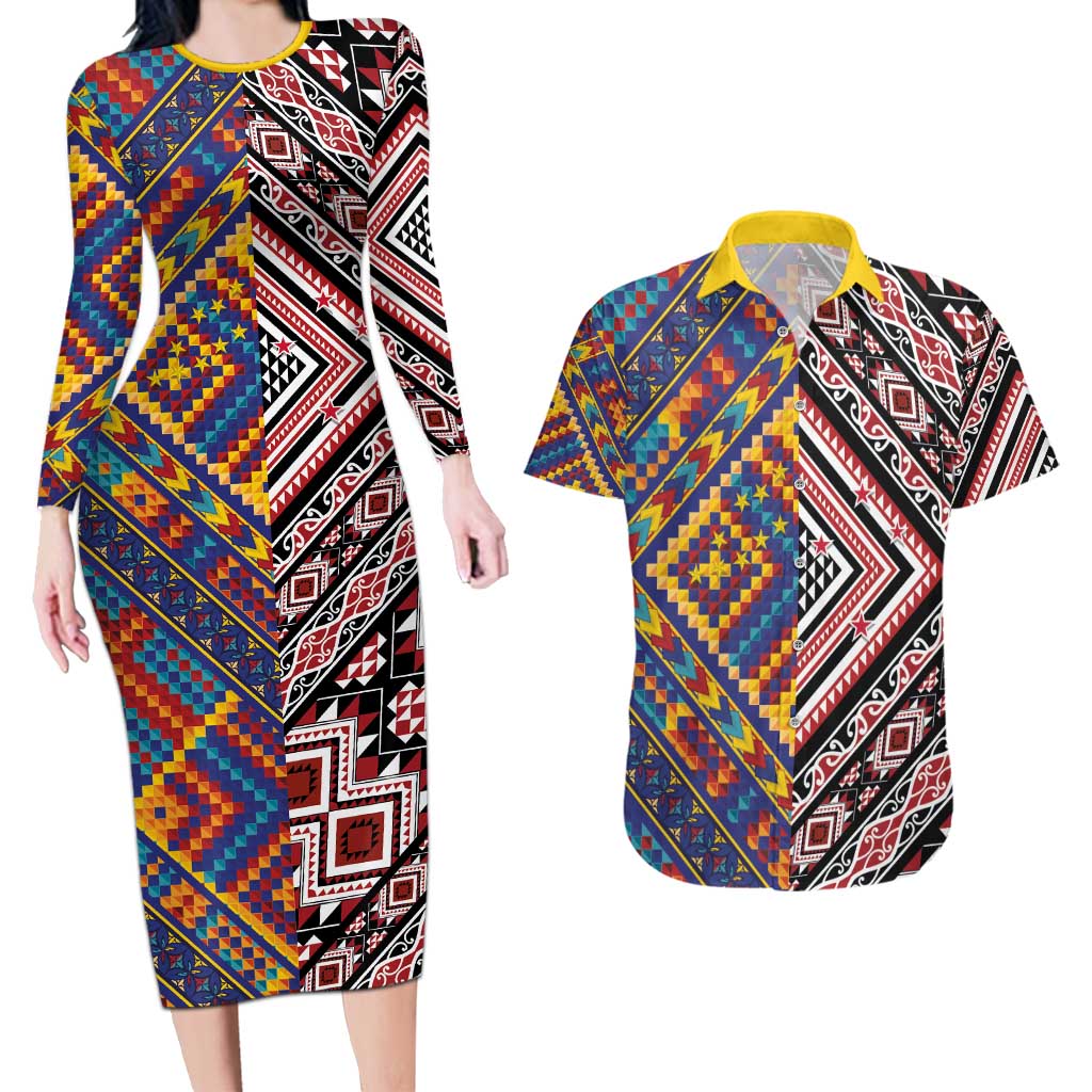 Tuvaluan and New Zealand Culture Couples Matching Long Sleeve Bodycon Dress and Hawaiian Shirt The Art of Kolose and Taniko - Aussie Hoodie