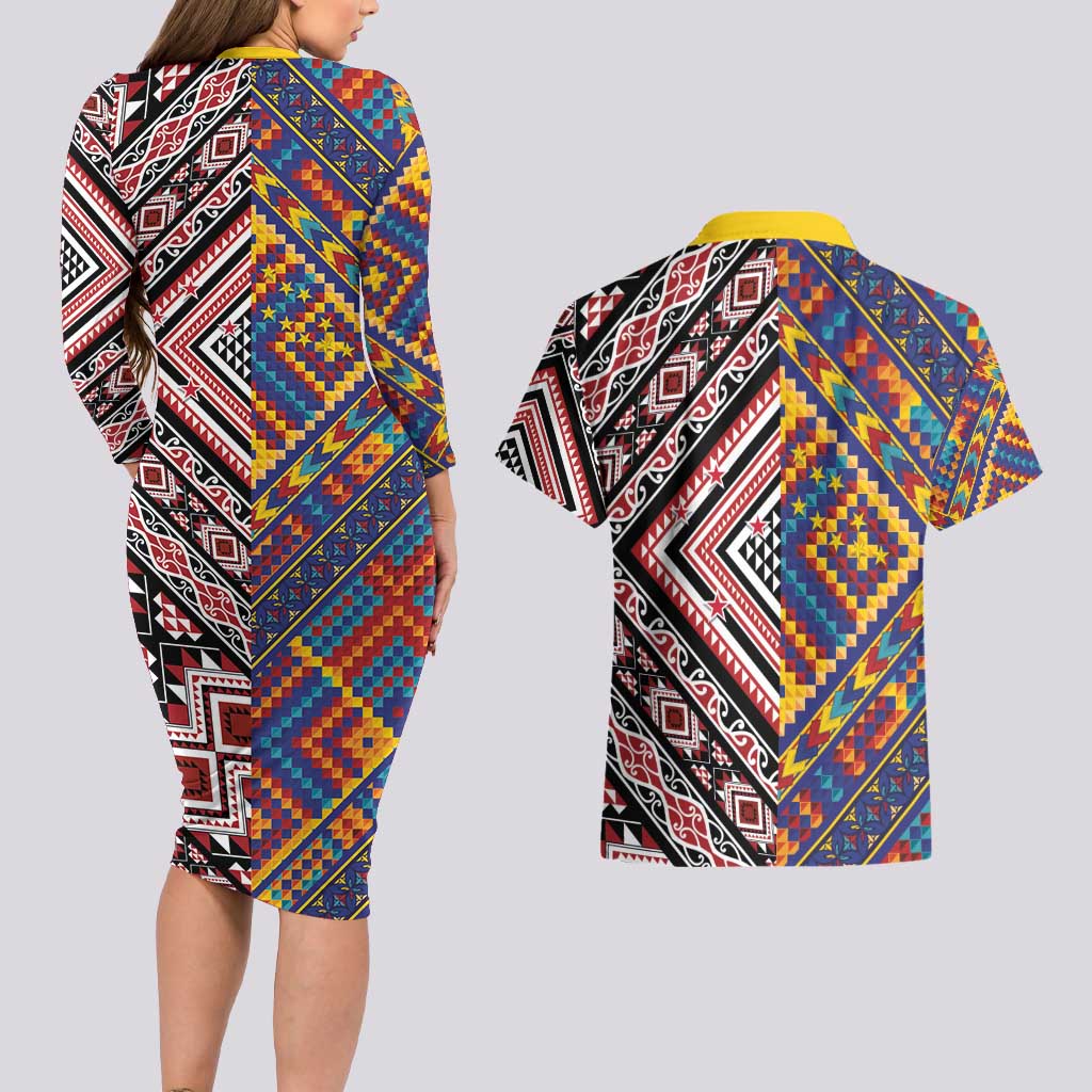 Tuvaluan and New Zealand Culture Couples Matching Long Sleeve Bodycon Dress and Hawaiian Shirt The Art of Kolose and Taniko - Aussie Hoodie