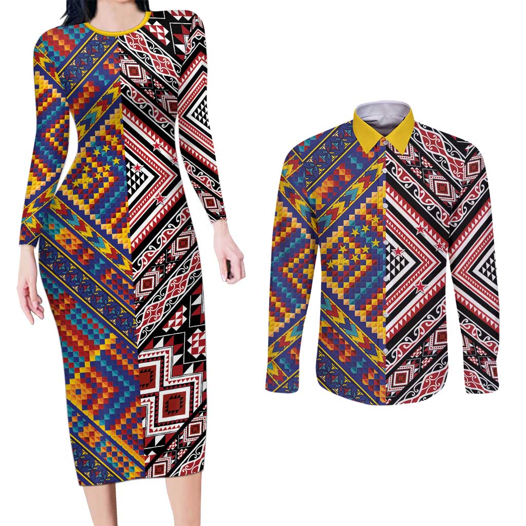 Tuvaluan and New Zealand Culture Couples Matching Long Sleeve Bodycon Dress and Long Sleeve Button Shirt The Art of Kolose and Taniko - Aussie Hoodie