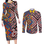 Tuvaluan and New Zealand Culture Couples Matching Long Sleeve Bodycon Dress and Long Sleeve Button Shirt The Art of Kolose and Taniko - Aussie Hoodie