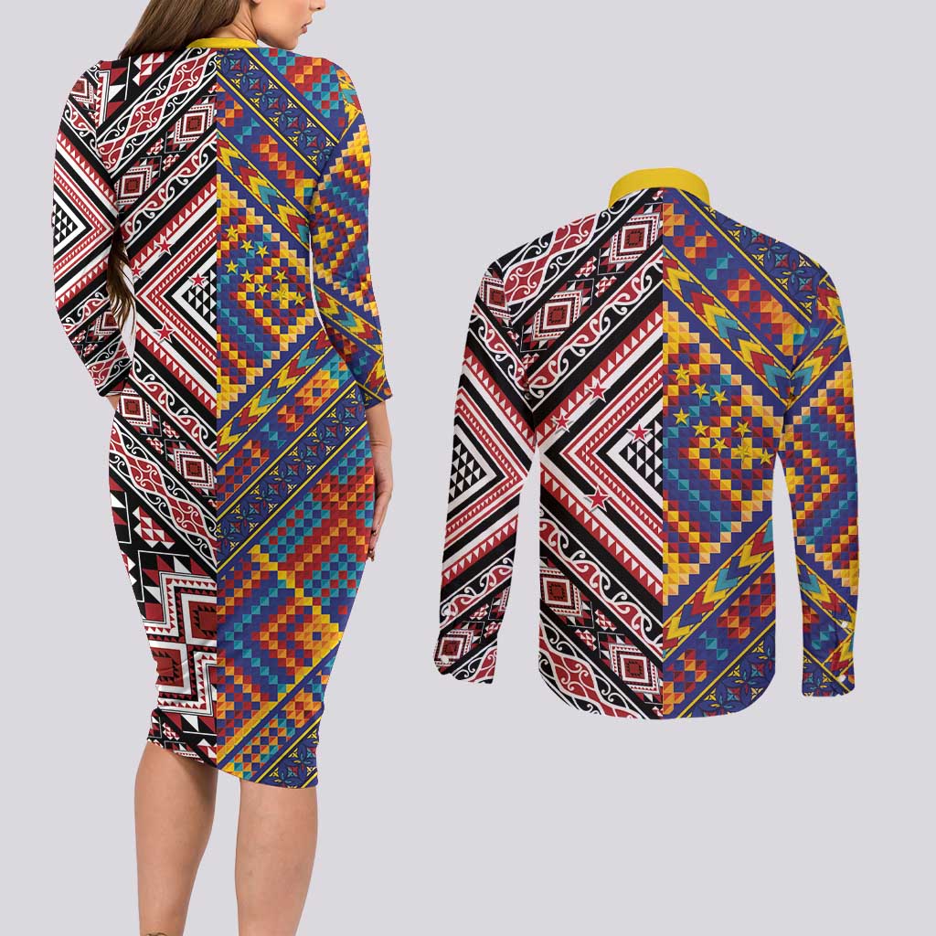 Tuvaluan and New Zealand Culture Couples Matching Long Sleeve Bodycon Dress and Long Sleeve Button Shirt The Art of Kolose and Taniko - Aussie Hoodie