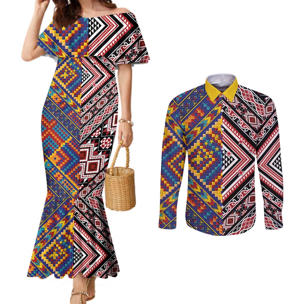 Tuvaluan and New Zealand Culture Couples Matching Mermaid Dress and Long Sleeve Button Shirt The Art of Kolose and Taniko - Aussie Hoodie