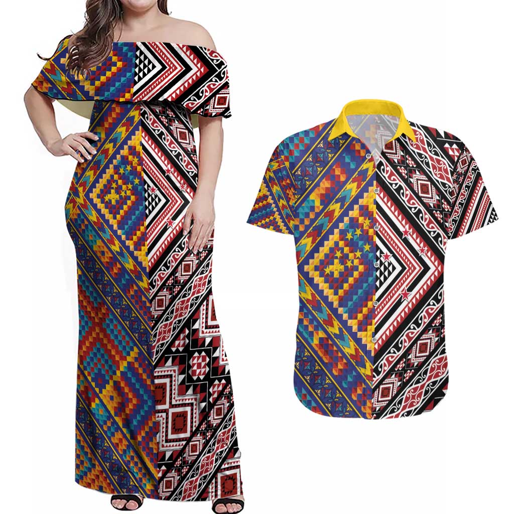 Tuvaluan and New Zealand Culture Couples Matching Off Shoulder Maxi Dress and Hawaiian Shirt The Art of Kolose and Taniko - Aussie Hoodie