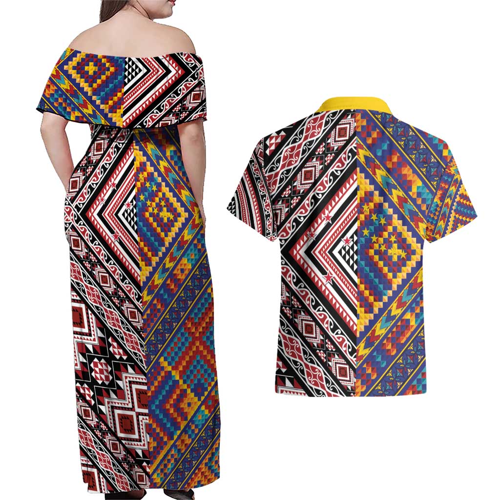 Tuvaluan and New Zealand Culture Couples Matching Off Shoulder Maxi Dress and Hawaiian Shirt The Art of Kolose and Taniko - Aussie Hoodie