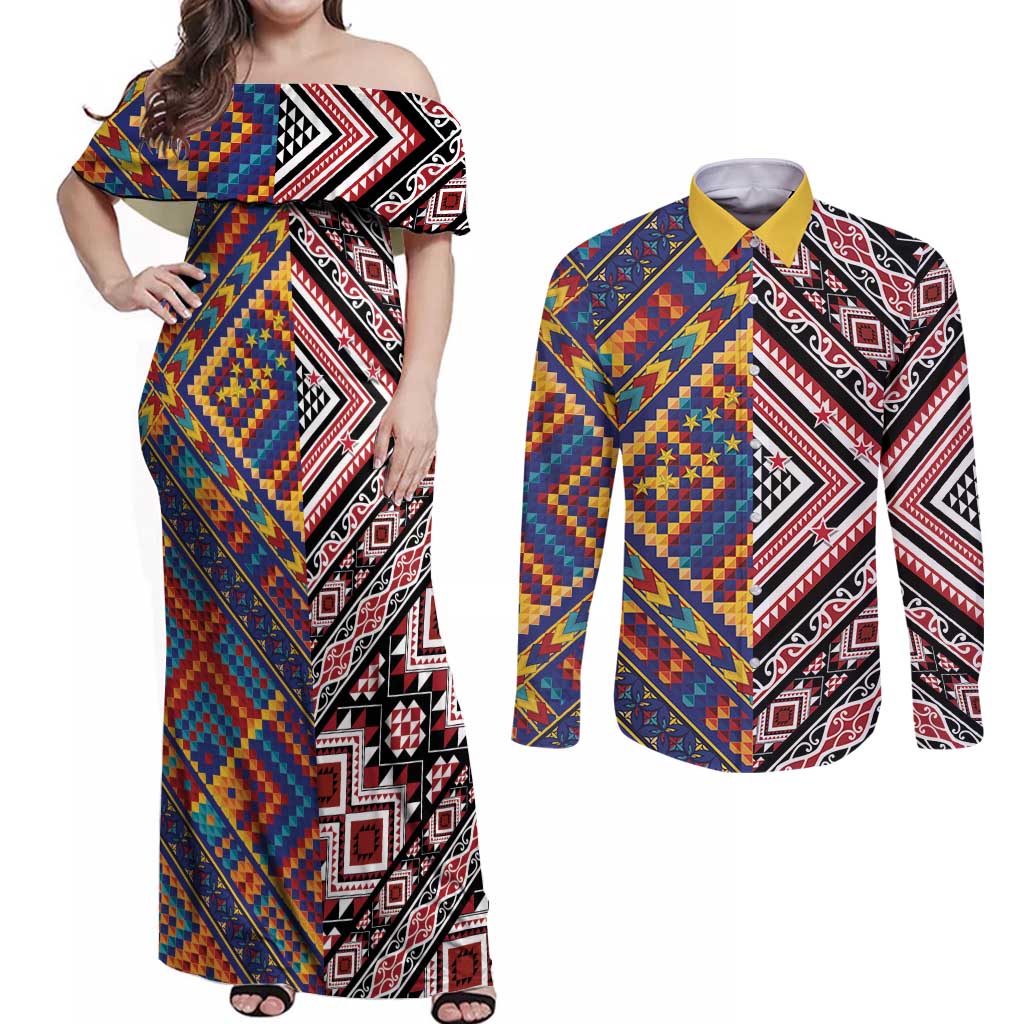 Tuvaluan and New Zealand Culture Couples Matching Off Shoulder Maxi Dress and Long Sleeve Button Shirt The Art of Kolose and Taniko - Aussie Hoodie