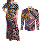 Tuvaluan and New Zealand Culture Couples Matching Off Shoulder Maxi Dress and Long Sleeve Button Shirt The Art of Kolose and Taniko - Aussie Hoodie