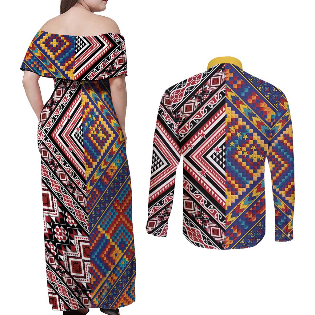 Tuvaluan and New Zealand Culture Couples Matching Off Shoulder Maxi Dress and Long Sleeve Button Shirt The Art of Kolose and Taniko - Aussie Hoodie