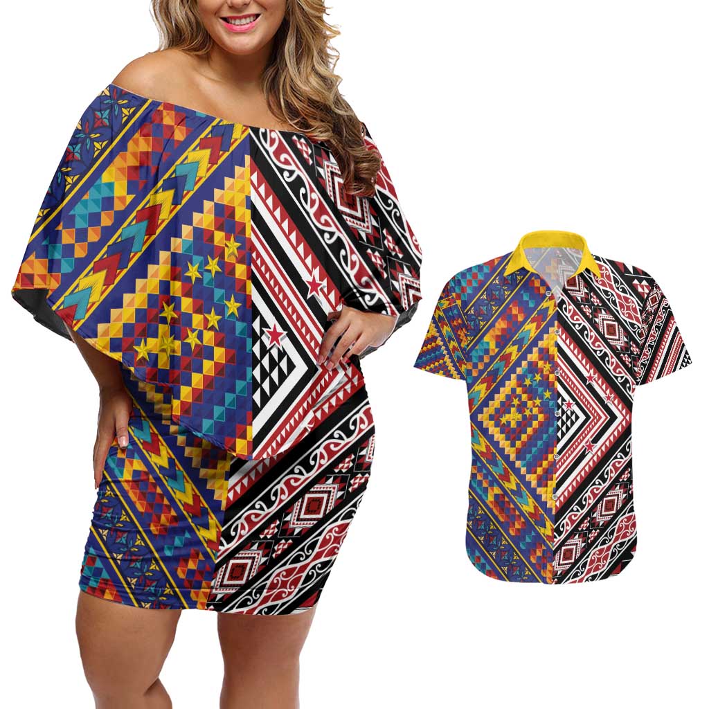 Tuvaluan and New Zealand Culture Couples Matching Off Shoulder Short Dress and Hawaiian Shirt The Art of Kolose and Taniko - Aussie Hoodie