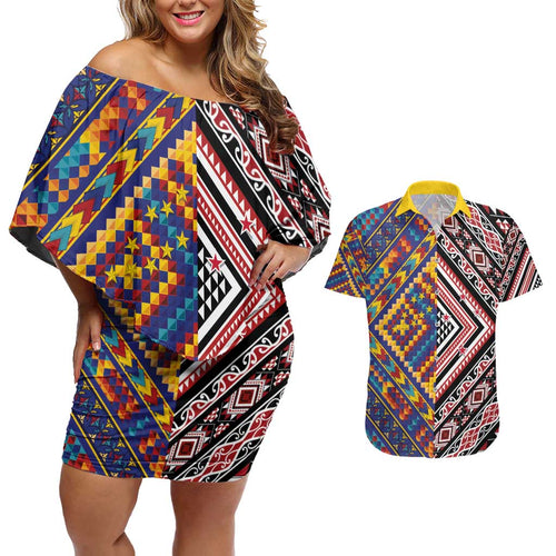 Tuvaluan and New Zealand Culture Couples Matching Off Shoulder Short Dress and Hawaiian Shirt The Art of Kolose and Taniko - Aussie Hoodie