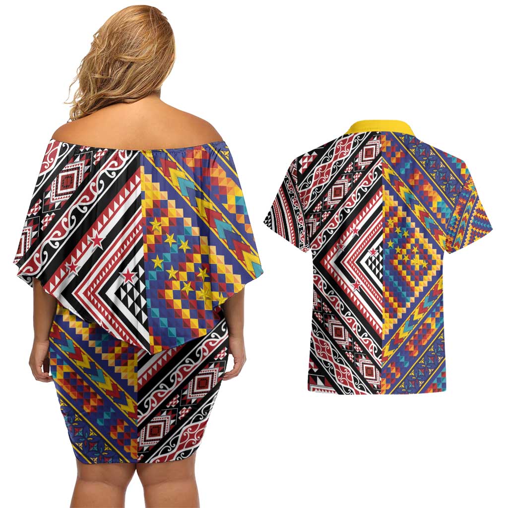 Tuvaluan and New Zealand Culture Couples Matching Off Shoulder Short Dress and Hawaiian Shirt The Art of Kolose and Taniko - Aussie Hoodie