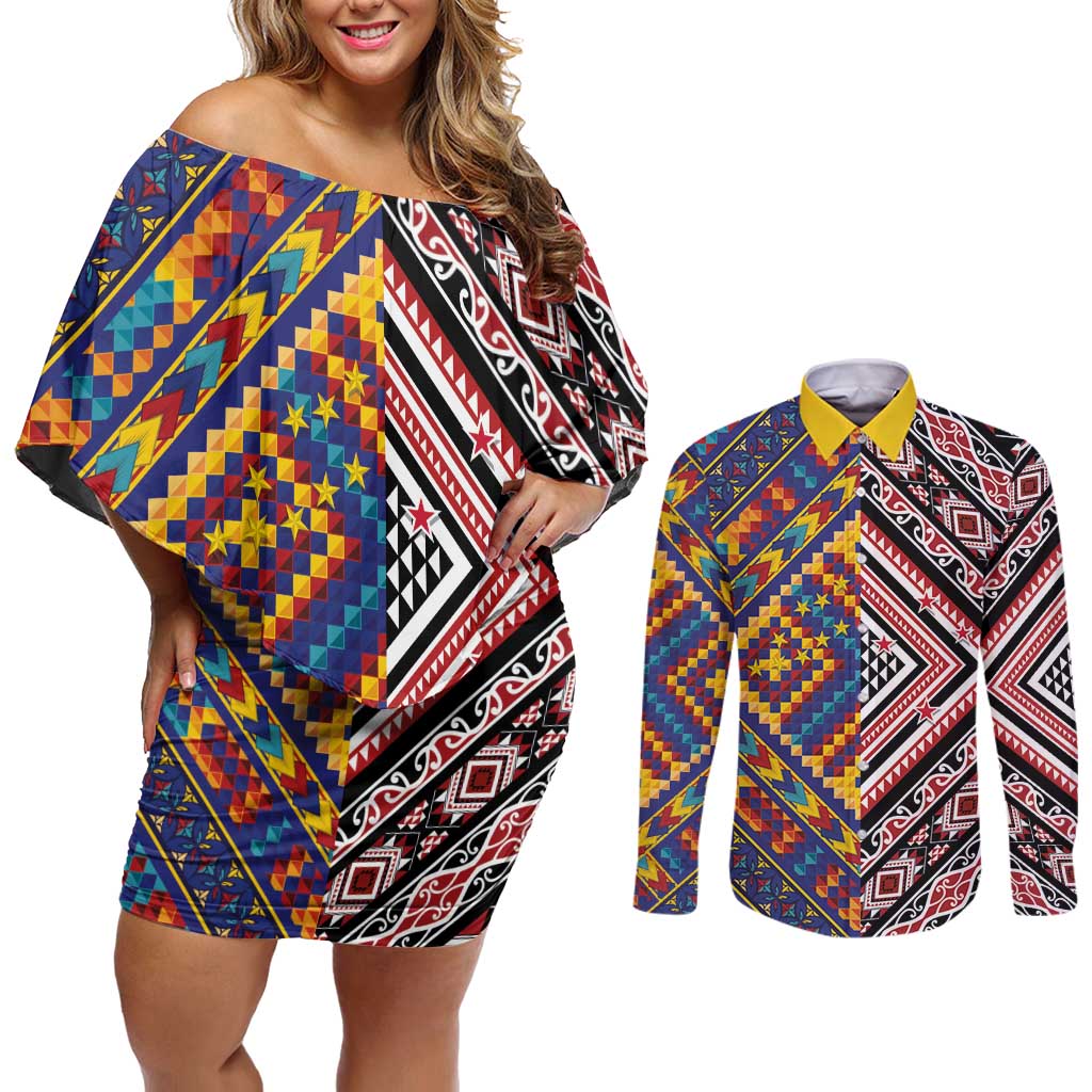 Tuvaluan and New Zealand Culture Couples Matching Off Shoulder Short Dress and Long Sleeve Button Shirt The Art of Kolose and Taniko - Aussie Hoodie