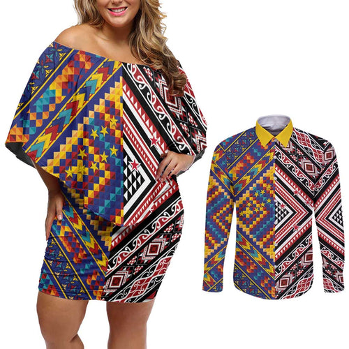 Tuvaluan and New Zealand Culture Couples Matching Off Shoulder Short Dress and Long Sleeve Button Shirt The Art of Kolose and Taniko - Aussie Hoodie