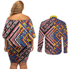 Tuvaluan and New Zealand Culture Couples Matching Off Shoulder Short Dress and Long Sleeve Button Shirt The Art of Kolose and Taniko - Aussie Hoodie
