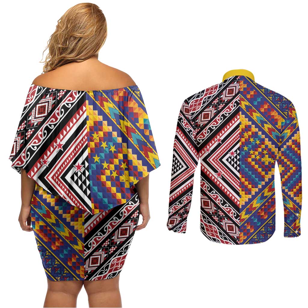 Tuvaluan and New Zealand Culture Couples Matching Off Shoulder Short Dress and Long Sleeve Button Shirt The Art of Kolose and Taniko - Aussie Hoodie