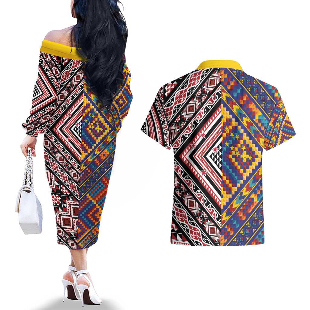 Tuvaluan and New Zealand Culture Couples Matching Off The Shoulder Long Sleeve Dress and Hawaiian Shirt The Art of Kolose and Taniko - Aussie Hoodie