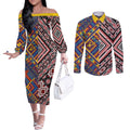 Tuvaluan and New Zealand Culture Couples Matching Off The Shoulder Long Sleeve Dress and Long Sleeve Button Shirt The Art of Kolose and Taniko - Aussie Hoodie