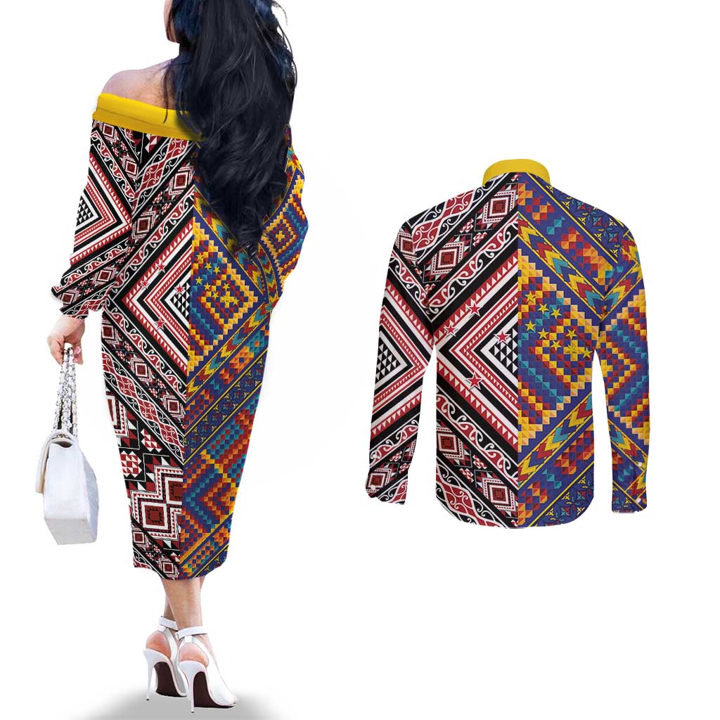 Tuvaluan and New Zealand Culture Couples Matching Off The Shoulder Long Sleeve Dress and Long Sleeve Button Shirt The Art of Kolose and Taniko - Aussie Hoodie