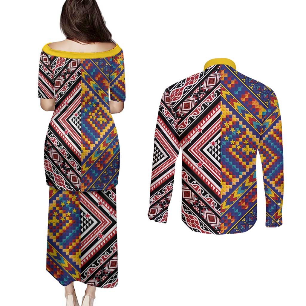 Tuvaluan and New Zealand Culture Couples Matching Puletasi and Long Sleeve Button Shirt The Art of Kolose and Taniko - Aussie Hoodie