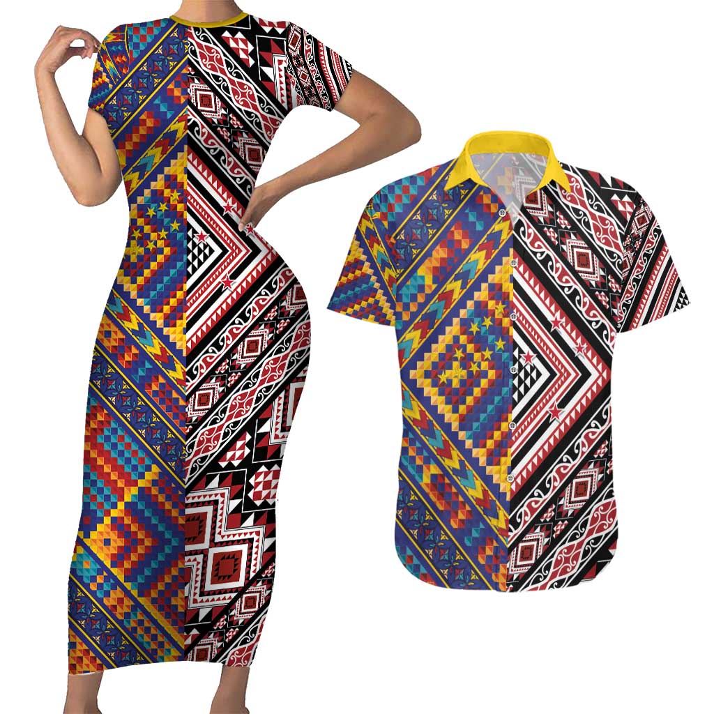 Tuvaluan and New Zealand Culture Couples Matching Short Sleeve Bodycon Dress and Hawaiian Shirt The Art of Kolose and Taniko - Aussie Hoodie