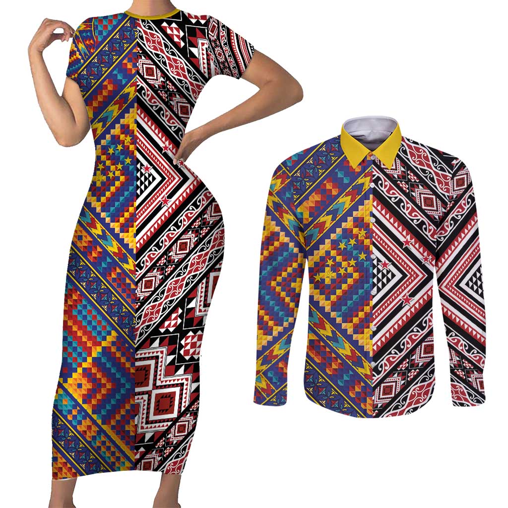 Tuvaluan and New Zealand Culture Couples Matching Short Sleeve Bodycon Dress and Long Sleeve Button Shirt The Art of Kolose and Taniko - Aussie Hoodie