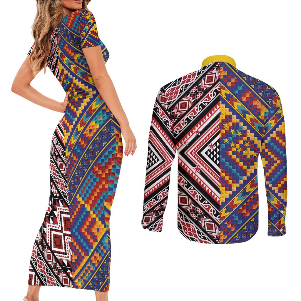Tuvaluan and New Zealand Culture Couples Matching Short Sleeve Bodycon Dress and Long Sleeve Button Shirt The Art of Kolose and Taniko - Aussie Hoodie