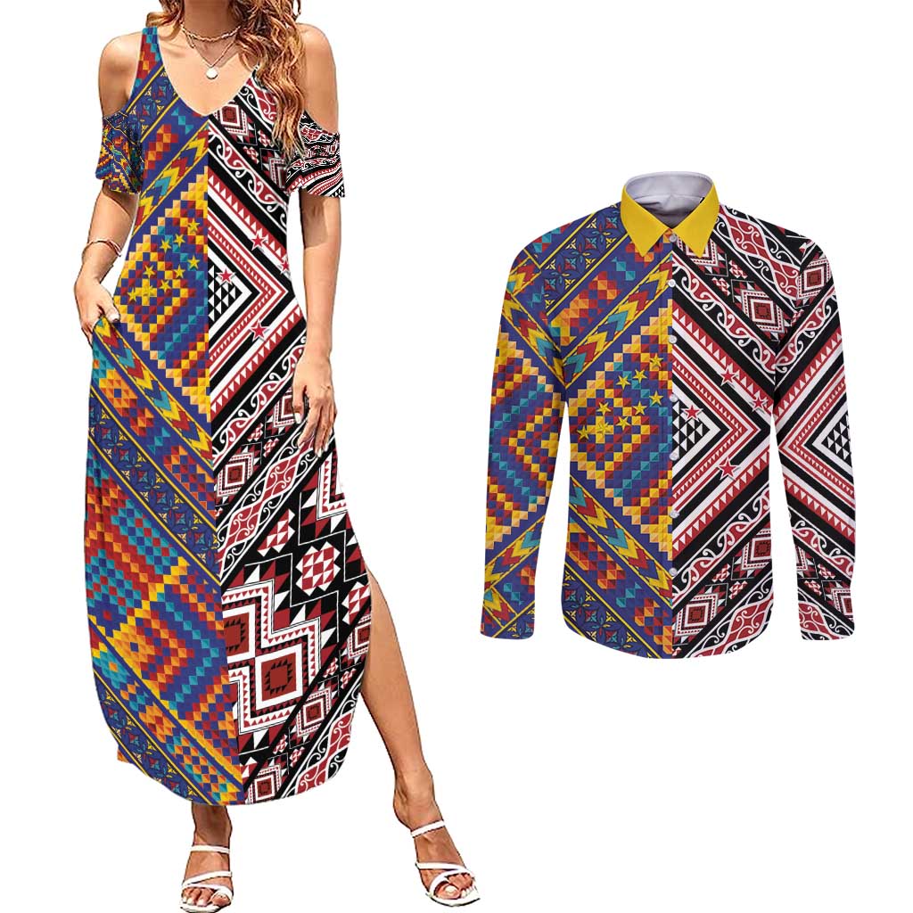 Tuvaluan and New Zealand Culture Couples Matching Summer Maxi Dress and Long Sleeve Button Shirt The Art of Kolose and Taniko - Aussie Hoodie