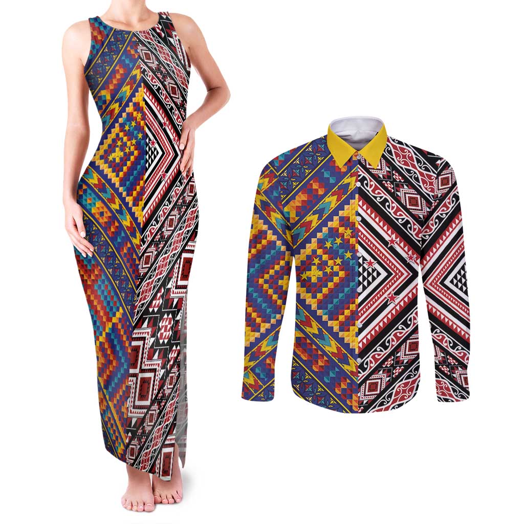 Tuvaluan and New Zealand Culture Couples Matching Tank Maxi Dress and Long Sleeve Button Shirt The Art of Kolose and Taniko - Aussie Hoodie