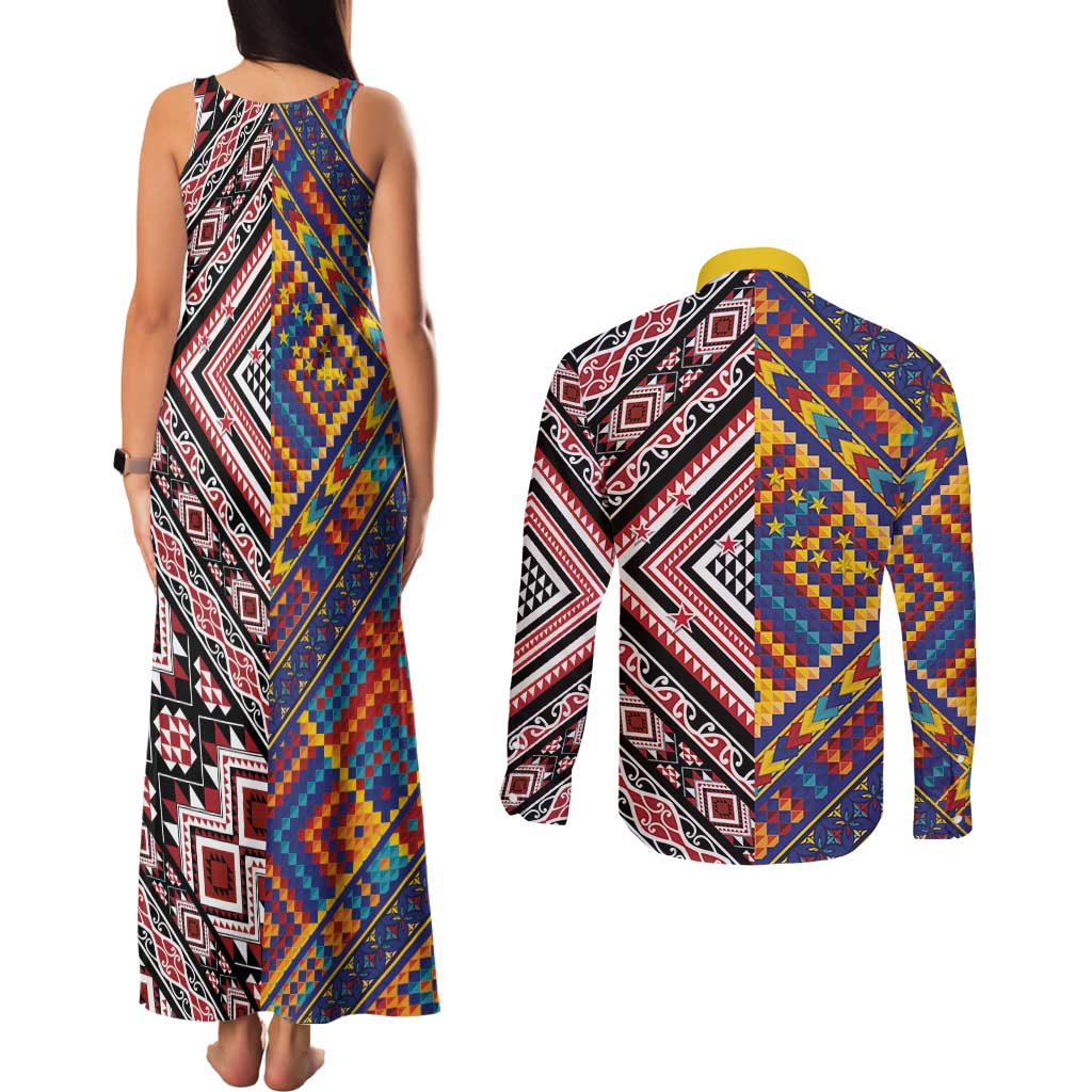 Tuvaluan and New Zealand Culture Couples Matching Tank Maxi Dress and Long Sleeve Button Shirt The Art of Kolose and Taniko - Aussie Hoodie