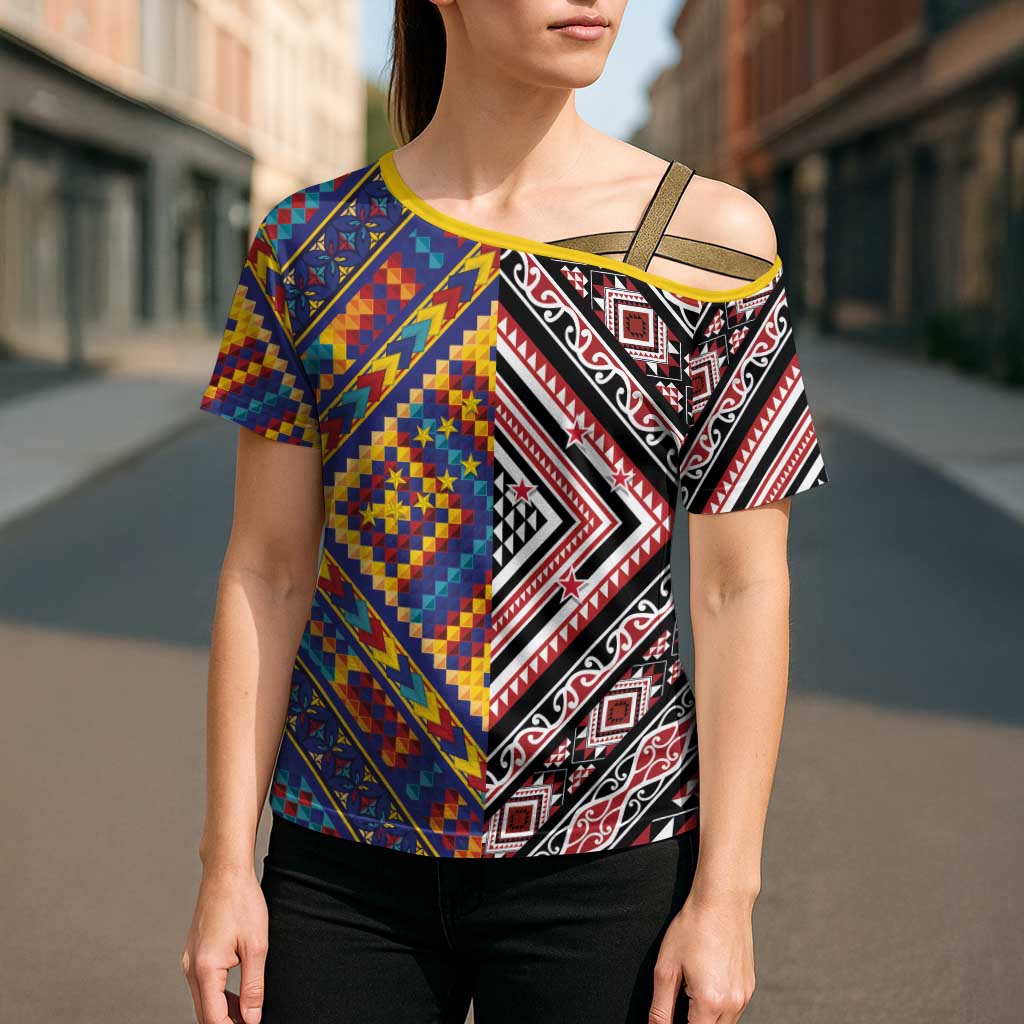 Tuvaluan and New Zealand Culture Cross Shoulder Shirt The Art of Kolose and Taniko - Aussie Hoodie