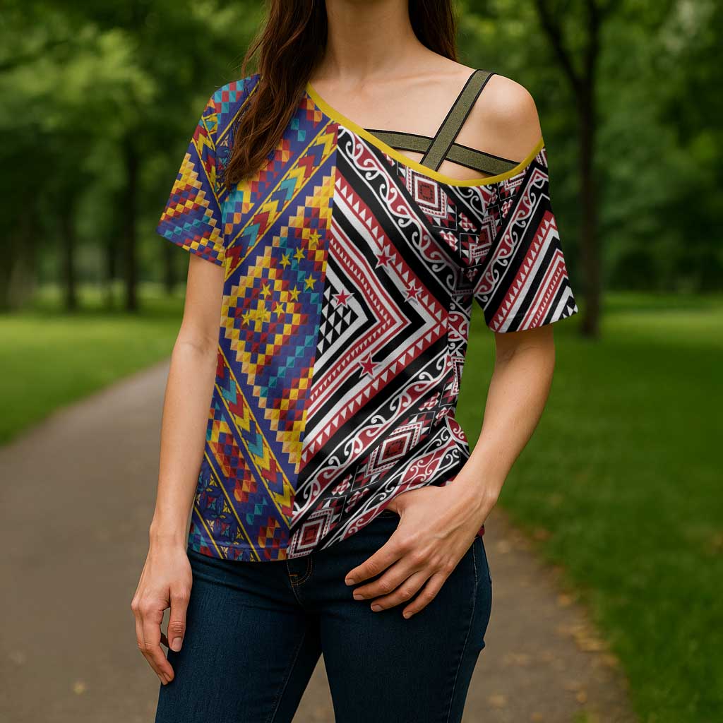 Tuvaluan and New Zealand Culture Cross Shoulder Shirt The Art of Kolose and Taniko - Aussie Hoodie