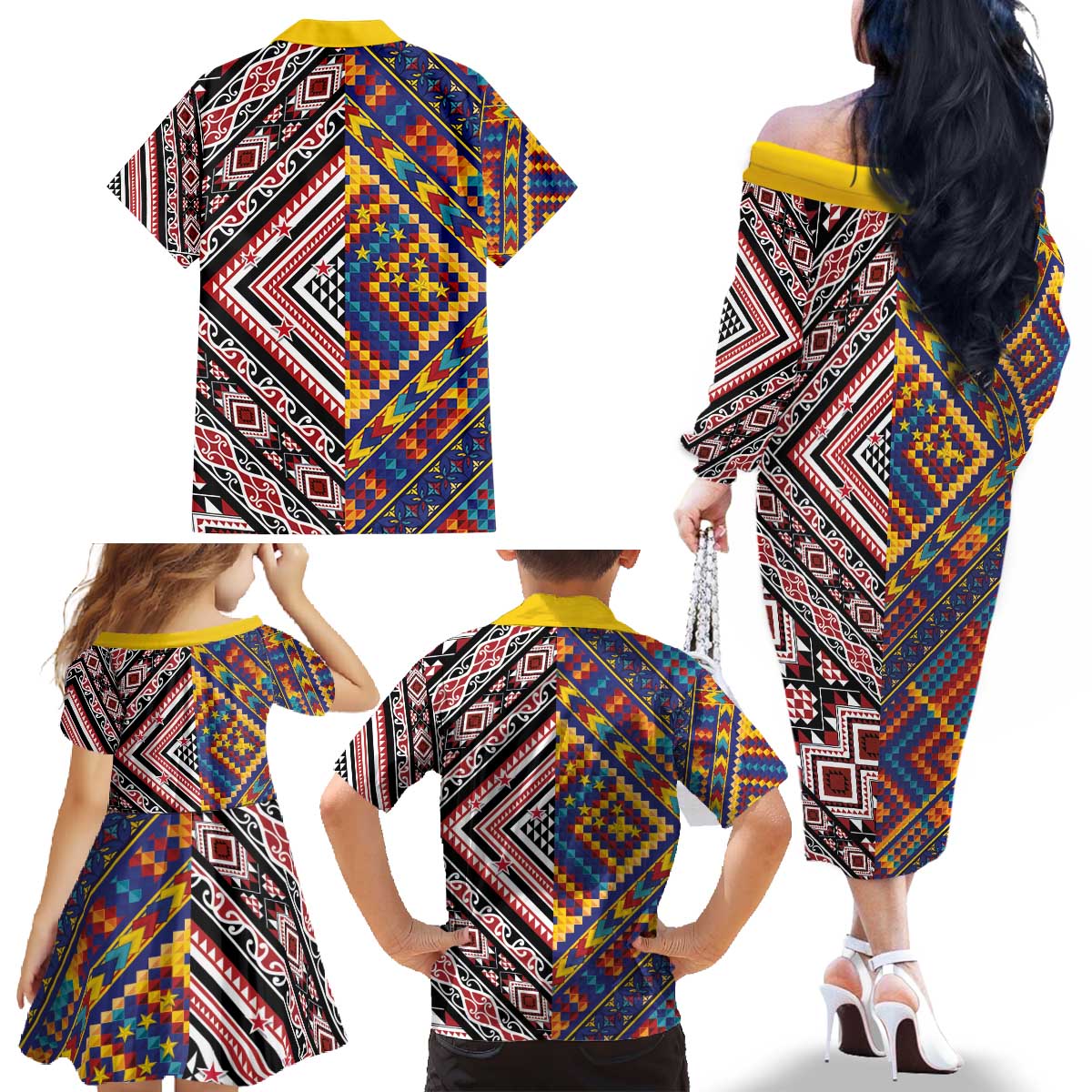Tuvaluan and New Zealand Culture Family Matching Off The Shoulder Long Sleeve Dress and Hawaiian Shirt The Art of Kolose and Taniko - Aussie Hoodie