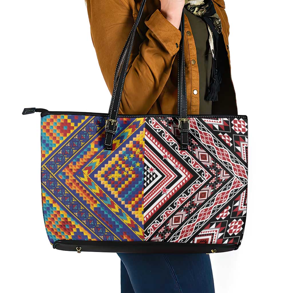 Tuvaluan and New Zealand Culture Leather Tote Bag The Art of Kolose and Taniko - Aussie Hoodie
