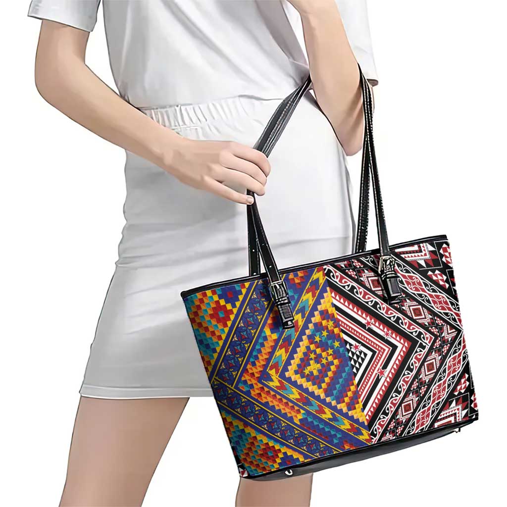 Tuvaluan and New Zealand Culture Leather Tote Bag The Art of Kolose and Taniko - Aussie Hoodie