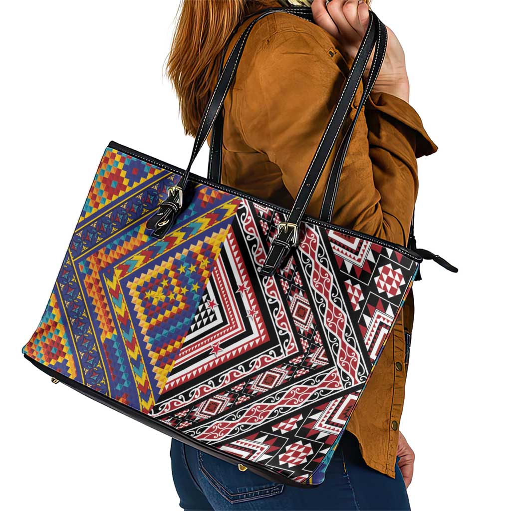Tuvaluan and New Zealand Culture Leather Tote Bag The Art of Kolose and Taniko - Aussie Hoodie
