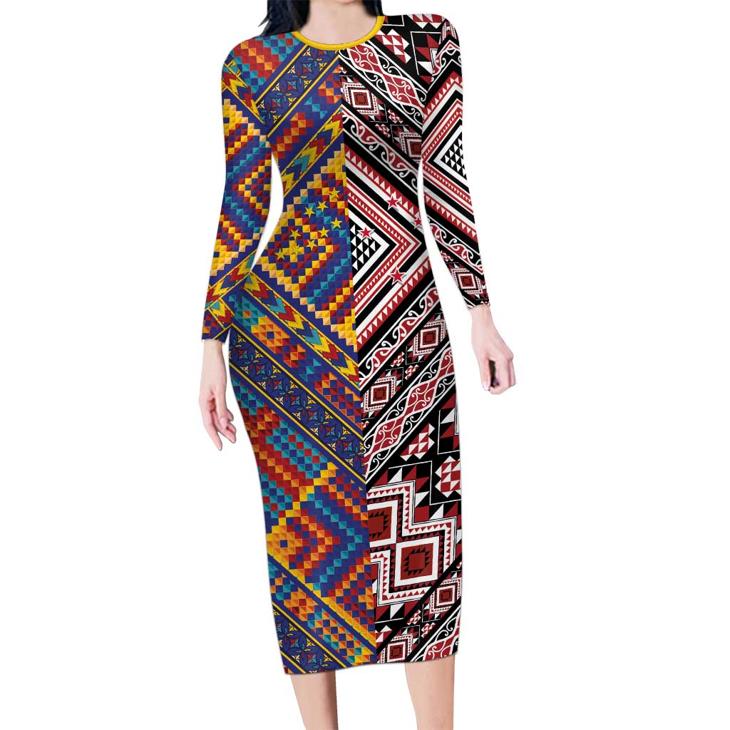 Tuvaluan and New Zealand Culture Long Sleeve Bodycon Dress The Art of Kolose and Taniko - Aussie Hoodie