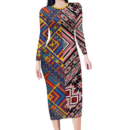 Tuvaluan and New Zealand Culture Long Sleeve Bodycon Dress The Art of Kolose and Taniko - Aussie Hoodie