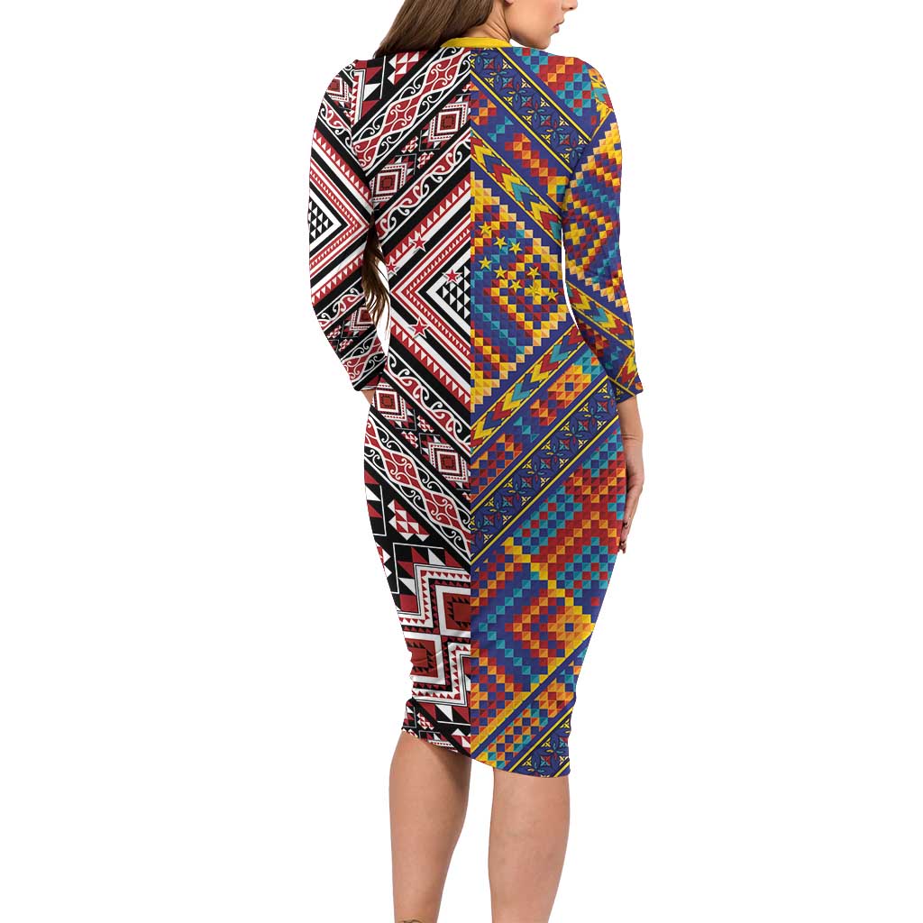 Tuvaluan and New Zealand Culture Long Sleeve Bodycon Dress The Art of Kolose and Taniko - Aussie Hoodie