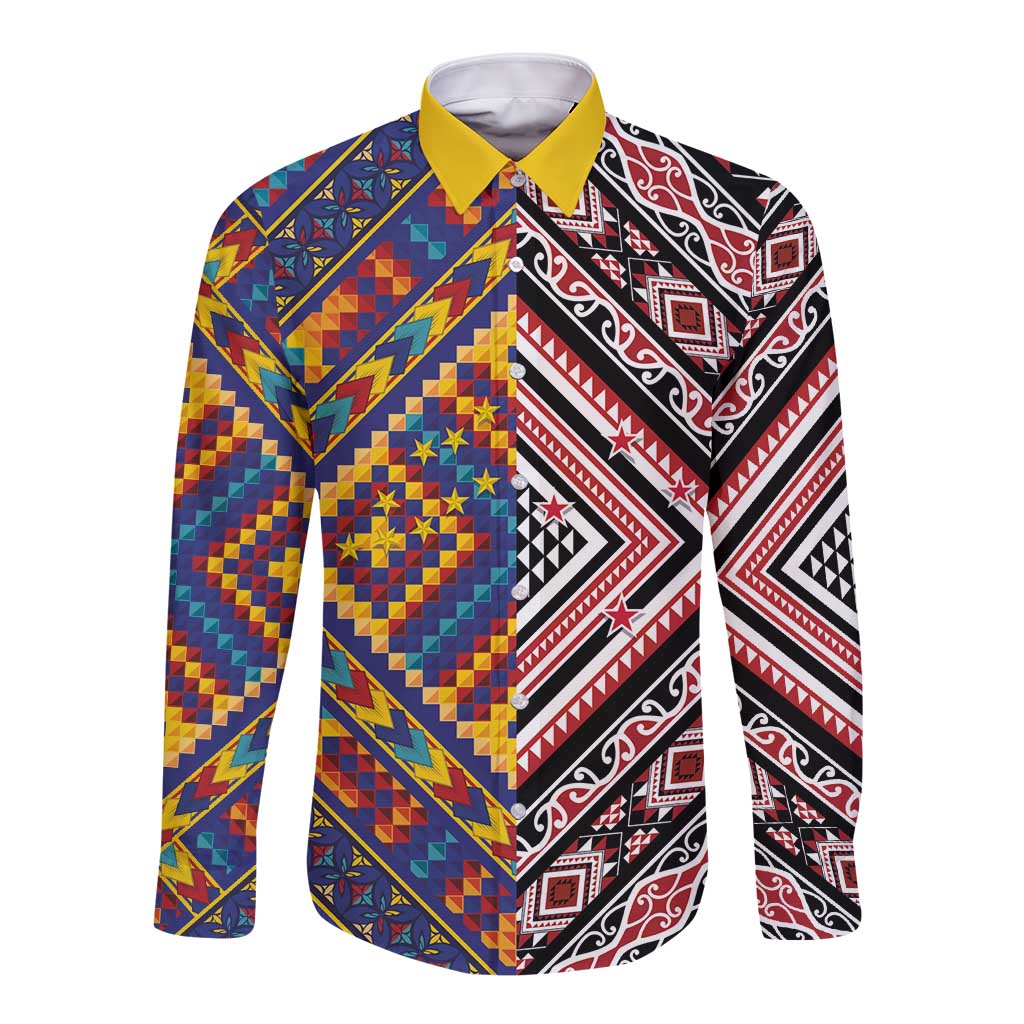 Tuvaluan and New Zealand Culture Long Sleeve Button Shirt The Art of Kolose and Taniko - Aussie Hoodie