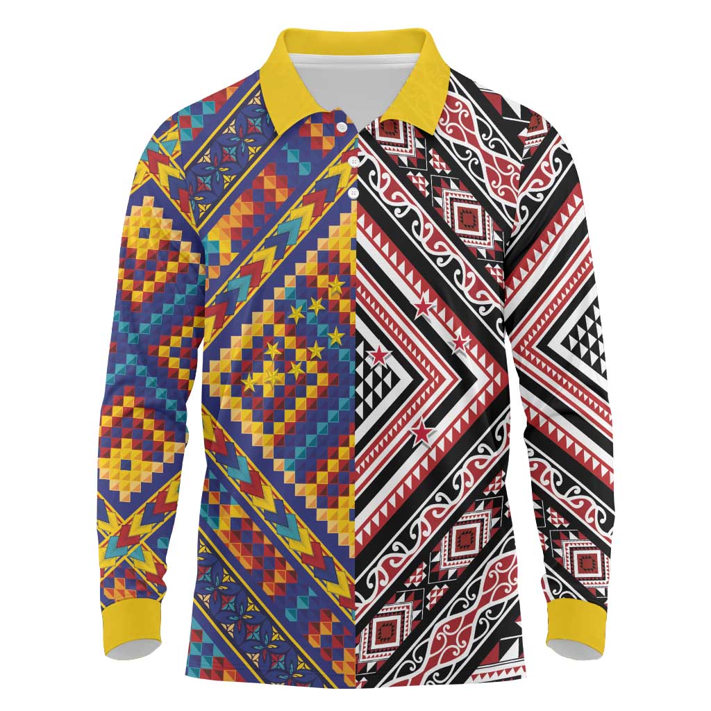 Tuvaluan and New Zealand Culture Long Sleeve Polo Shirt The Art of Kolose and Taniko - Aussie Hoodie
