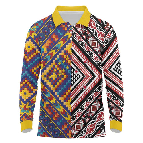 Tuvaluan and New Zealand Culture Long Sleeve Polo Shirt The Art of Kolose and Taniko - Aussie Hoodie