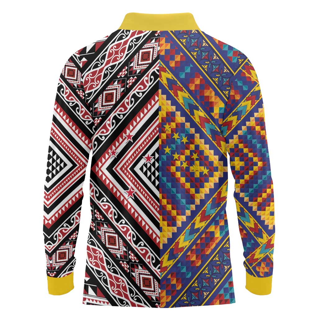 Tuvaluan and New Zealand Culture Long Sleeve Polo Shirt The Art of Kolose and Taniko - Aussie Hoodie