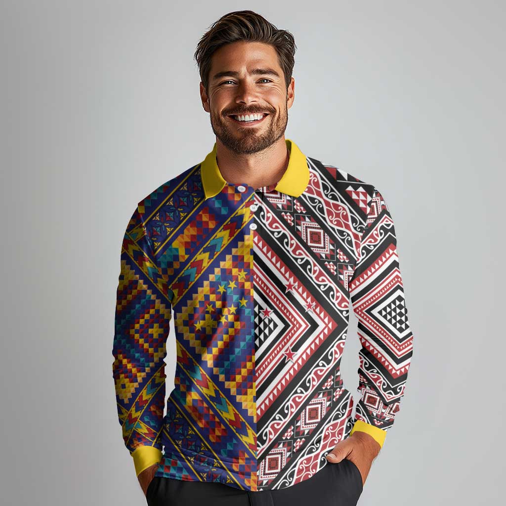 Tuvaluan and New Zealand Culture Long Sleeve Polo Shirt The Art of Kolose and Taniko - Aussie Hoodie