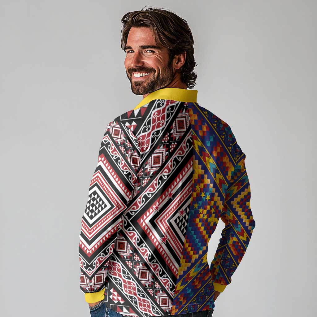 Tuvaluan and New Zealand Culture Long Sleeve Polo Shirt The Art of Kolose and Taniko - Aussie Hoodie