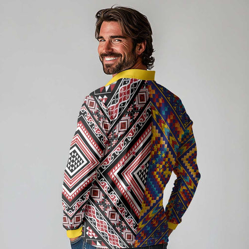Tuvaluan and New Zealand Culture Long Sleeve Polo Shirt The Art of Kolose and Taniko - Aussie Hoodie