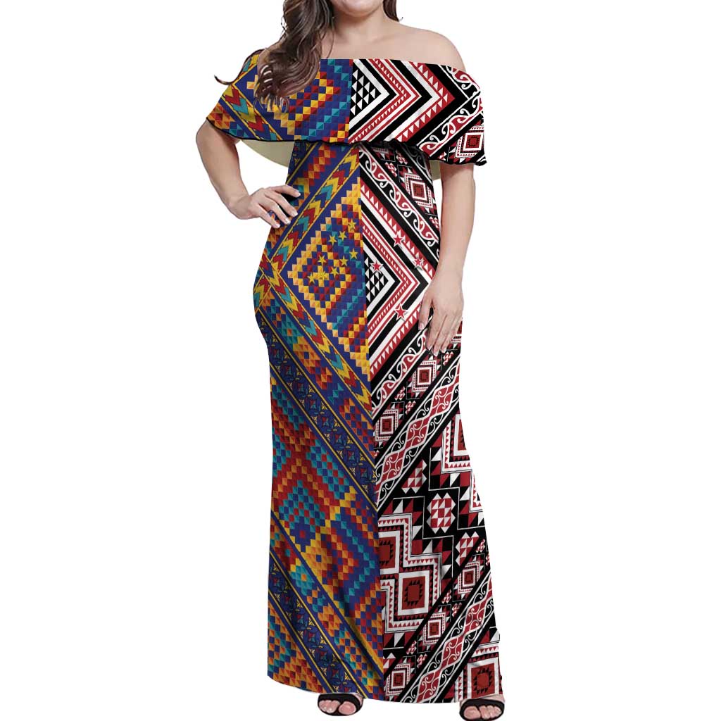 Tuvaluan and New Zealand Culture Off Shoulder Maxi Dress The Art of Kolose and Taniko - Aussie Hoodie