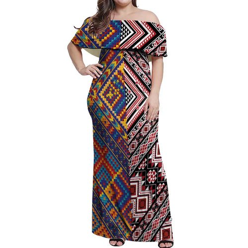 Tuvaluan and New Zealand Culture Off Shoulder Maxi Dress The Art of Kolose and Taniko - Aussie Hoodie