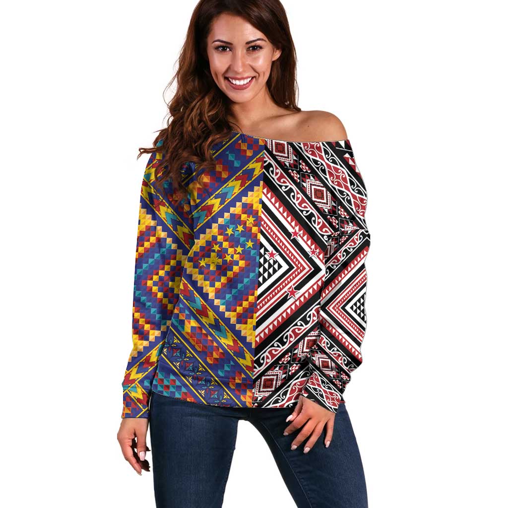 Tuvaluan and New Zealand Culture Off Shoulder Sweater The Art of Kolose and Taniko - Aussie Hoodie
