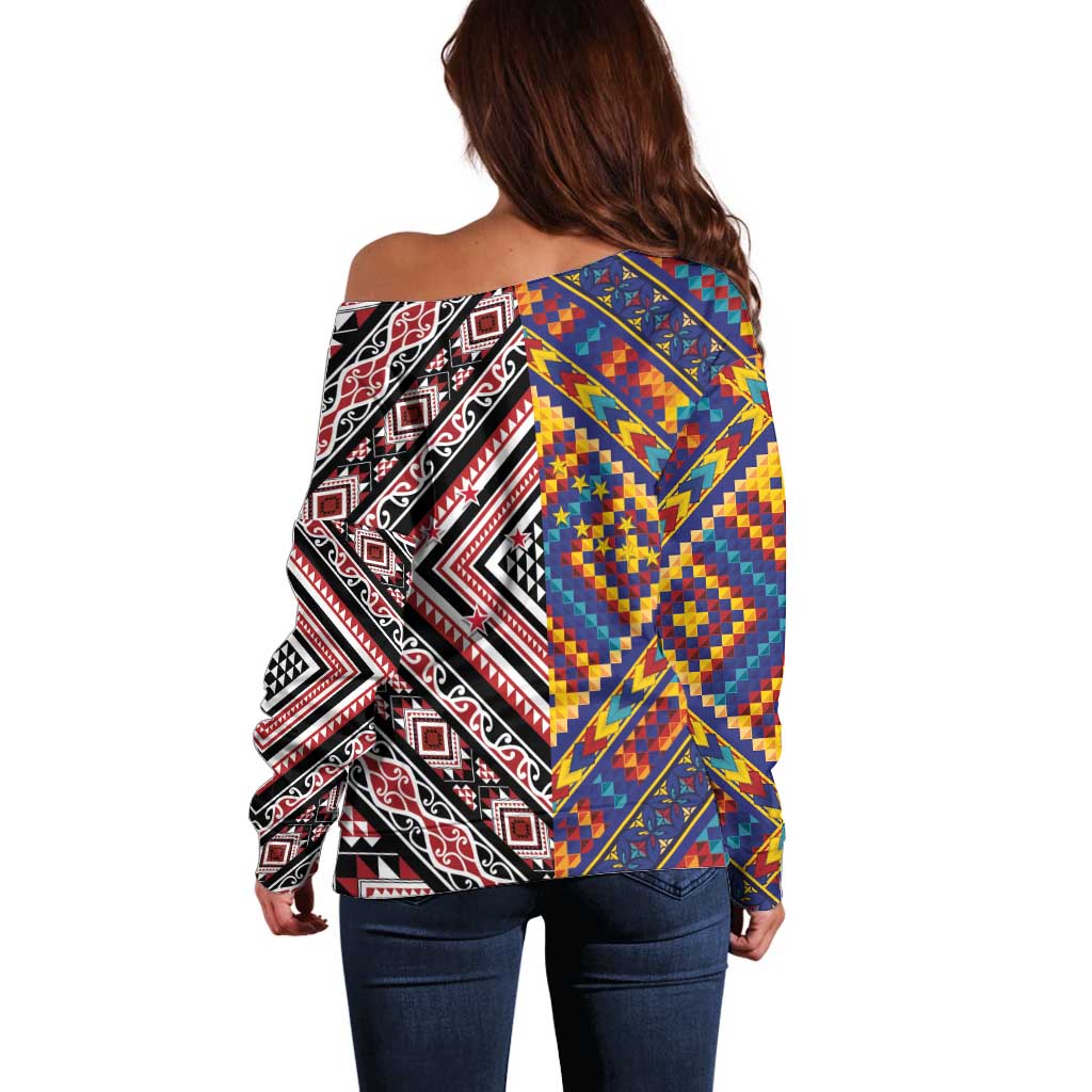 Tuvaluan and New Zealand Culture Off Shoulder Sweater The Art of Kolose and Taniko - Aussie Hoodie