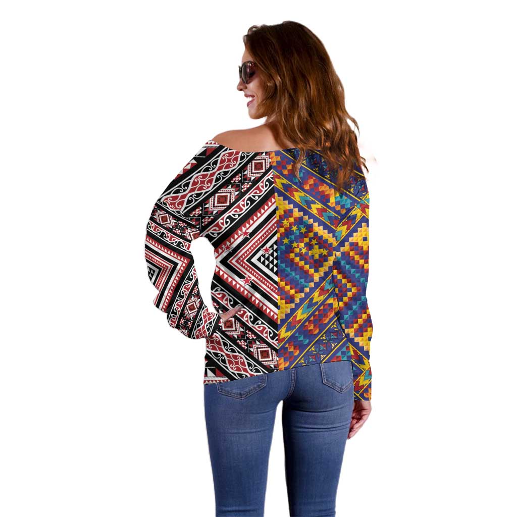 Tuvaluan and New Zealand Culture Off Shoulder Sweater The Art of Kolose and Taniko - Aussie Hoodie